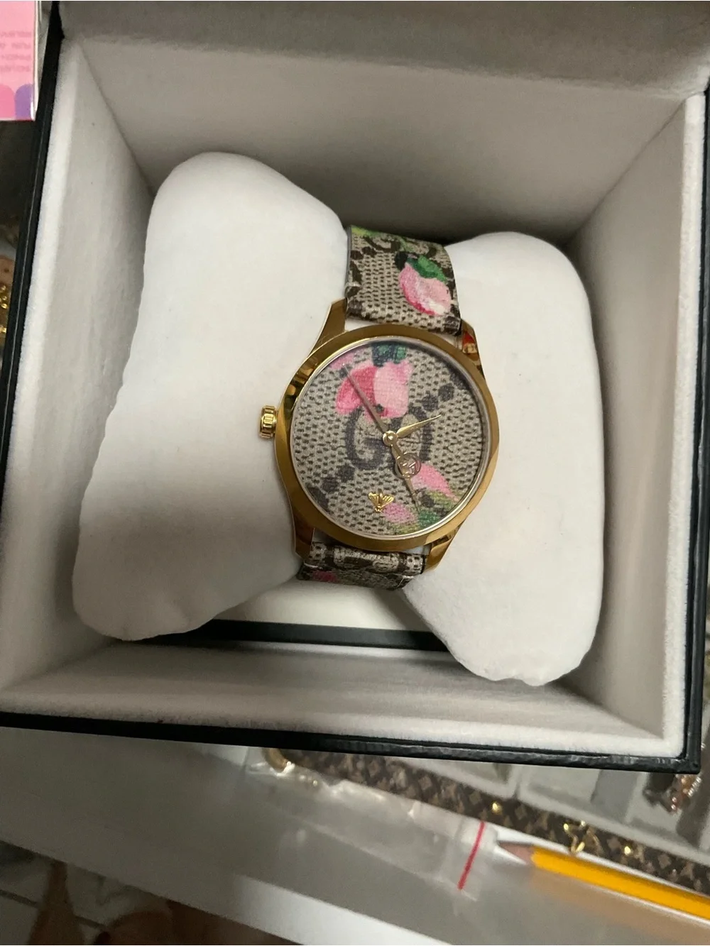 Gucci Gold-Tone Watch with Pink Floral Strap